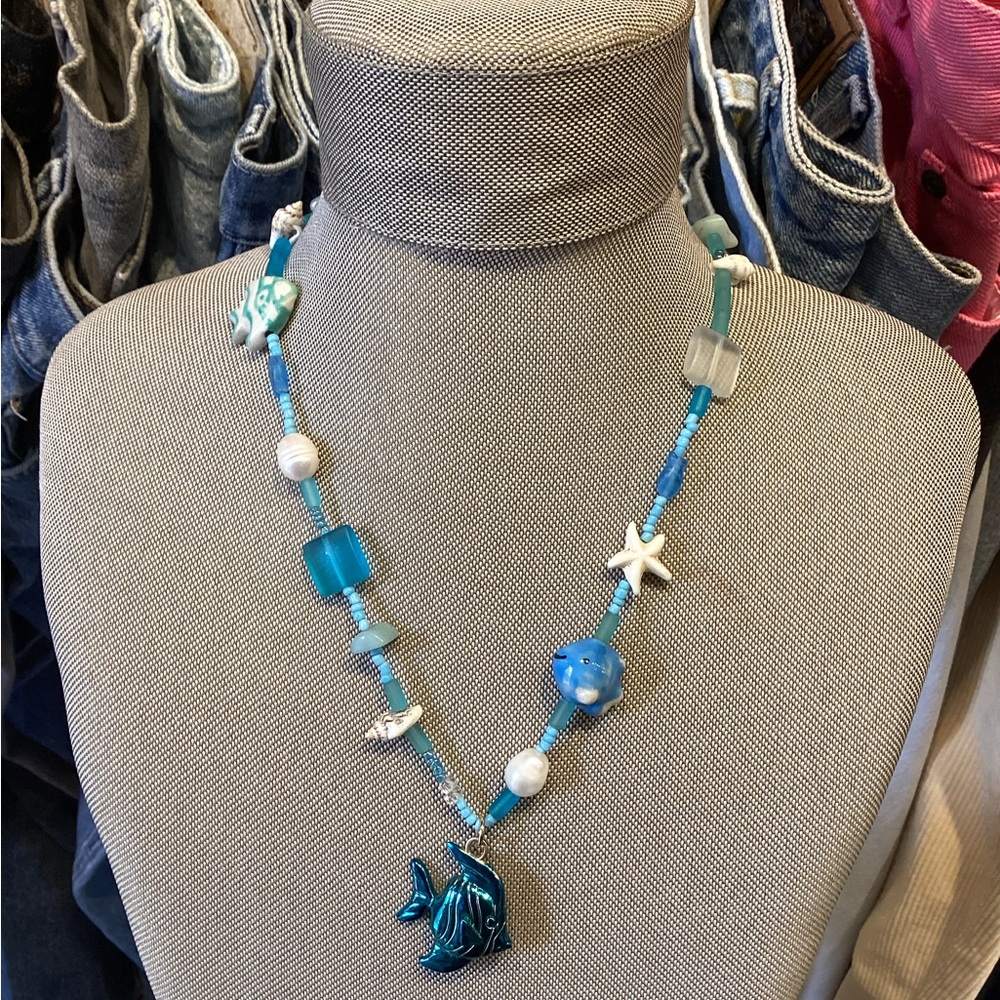 Johannah master collection sea glass Blue Beaded Necklace with Fish Pendant